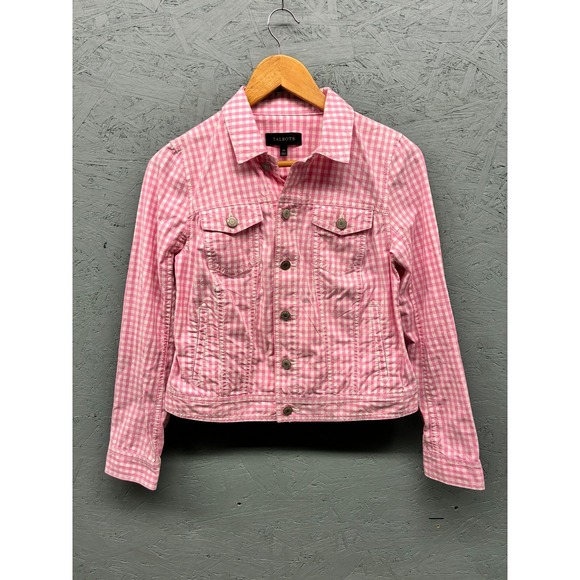 Talbots Women's Gingham Jean‎ Jacket XS Pink White Stretch Cotton Button Front - Picture 1 of 8